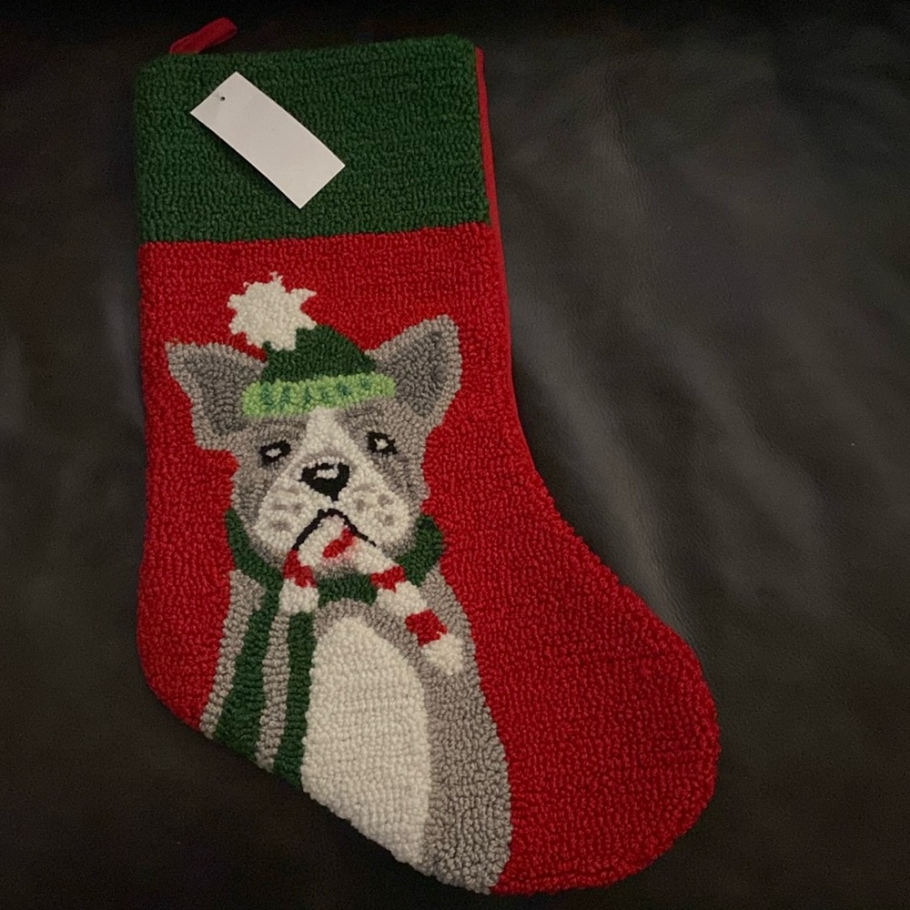 C&F Home French Bull Dog Decorative Holiday Hooked Stocking, 19” NWT